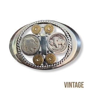 Vintage custom belt buckle featuring Buffalo nickels and brass bullet casings